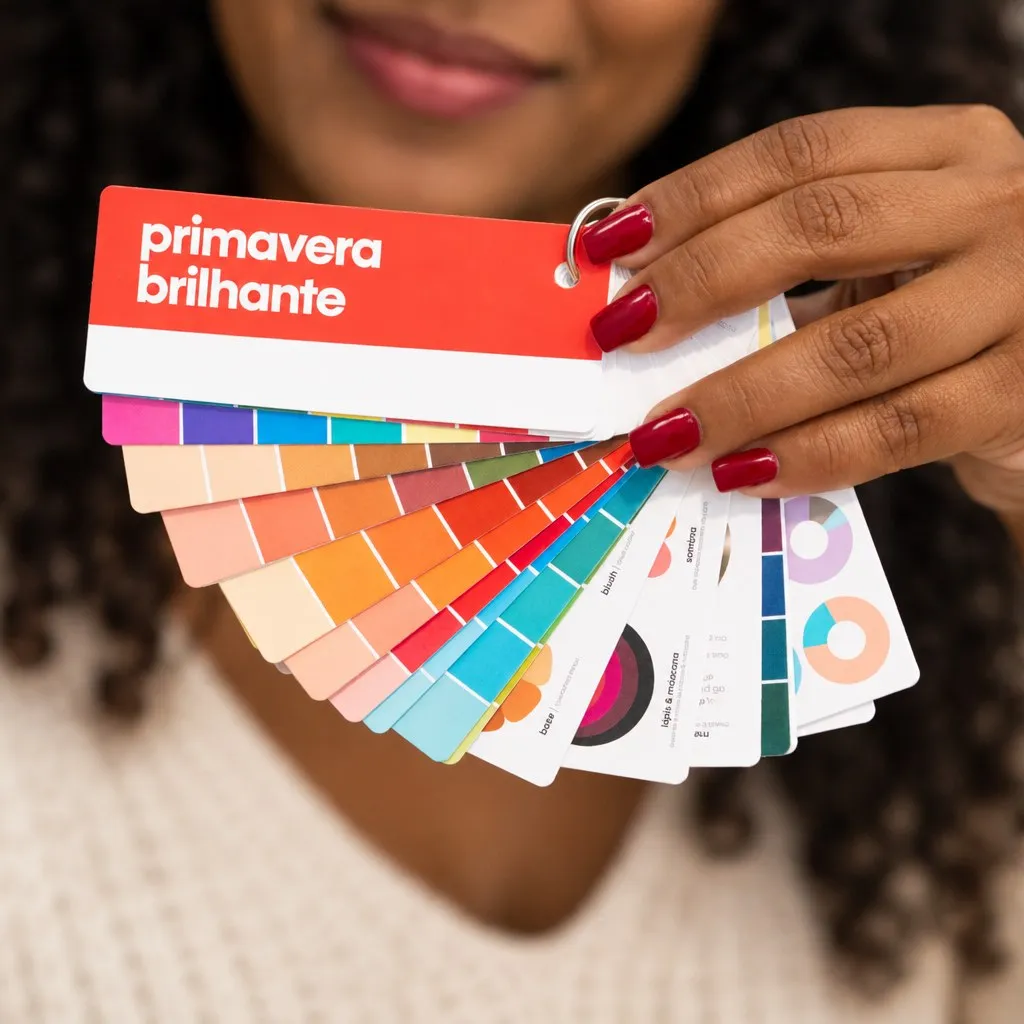 Mulher segurando a cartela de cores Primavera Brilhante aberta em leque
